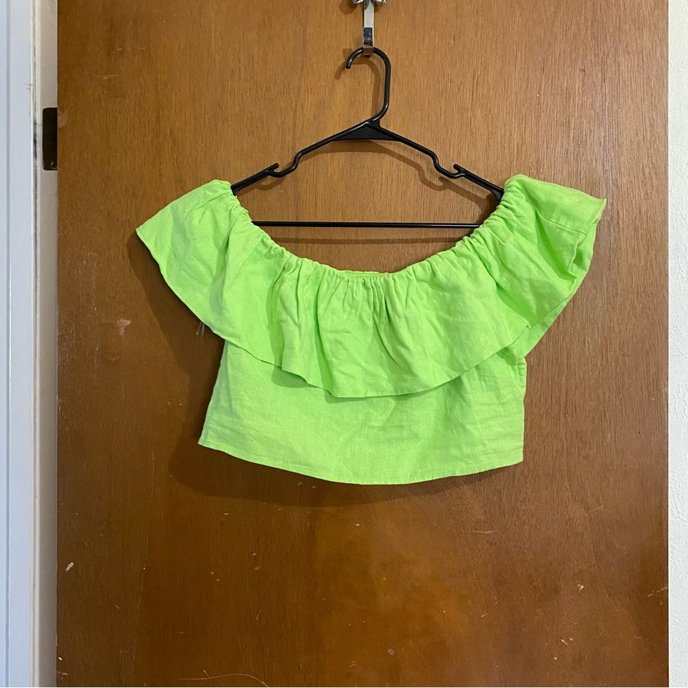 Size L lime green, a new day, off the shoulder crop top